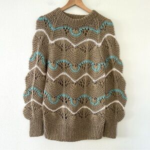 Vintage Andriano Crochet Sweater Sz L Tan Blue White Boho Indie Cottage Cabin